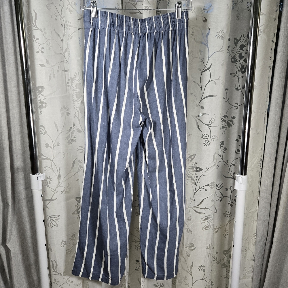 First Class Blue Striped Palazzo Pants Tie S‎ Crop, Lightweight Wide Leg Pants - Picture 4 of 8